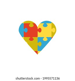 Autism awareness and health care emblem in shape of heart with colored puzzle pieces, flat vector illustration isolated on white background. Autism treatment symbol.