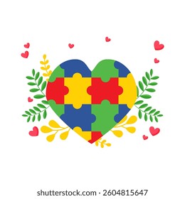 Autism Awareness Heart With Puzzle Floral Leaves And Scattered Hearts