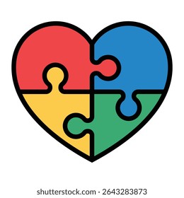 Autism awareness heart puzzle icon. Colorful jigsaw symbol of love, support, neurodiversity, education, and inclusion. Vector illustration, isolated.