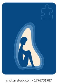 Autism awareness. Human in silhouette sitting alone hiding from the world Puzzle shape autism symbol. Copy space for more information