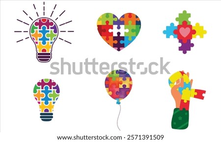 Autism Awareness Icon set Isolated vector illustration on white background.Autism Awareness Month Puzzle Design - April 