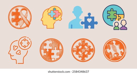 Autism awareness icons human silhouettes brain illustrations