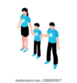 Autism awareness isometric concept with three people wearing tshirts with puzzle symbol holding hands vector illustration