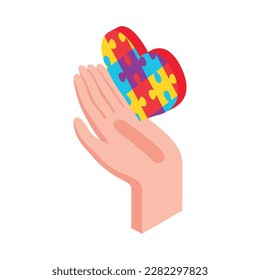 Autism awareness isometric icon with human hand holding heart made from puzzle pieces 3d vector illustration