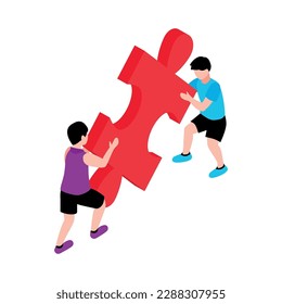 Autism awareness isometric icon with toy boys holding puzzle piece together 3d vector illustration