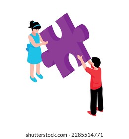 Autism awareness isometric icon with two kids holding purple puzzle pieces together vector illustration