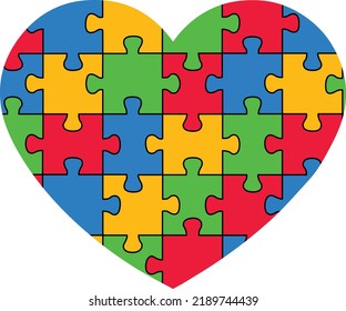 Autism awareness jigsaw heart. Autism awareness month symbol. Child autism awareness icon. Puzzle heart shape icon. Jigsaw symbol. Vector illustration