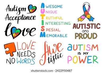 Autism Awareness lettering set vector isolated. Collection of colorful design elements for poster. Handwritten font, autistic disorder. Autism awareness day in April.