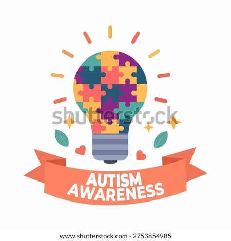 Autism Awareness Lightbulb Symbol with Puzzle Pieces and Ribbon