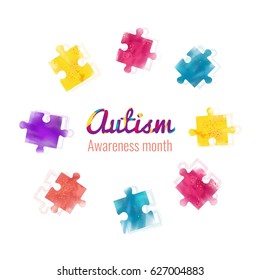Autism awareness month colorful background with puzzles and calligraphic text. Blue, yellow and violet puzzles pieces. Vector illustration