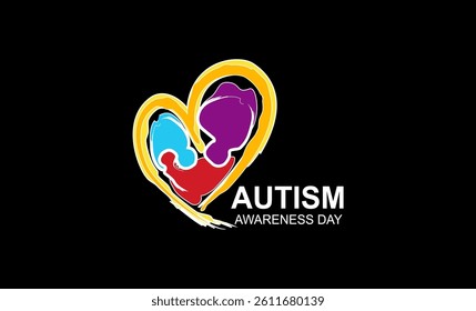 Autism Awareness Month. Colorful puzzle in the shape of a heart from brush strokes. Vector illustration on a black background. Isolated. Concept of love, care, affection, health care.