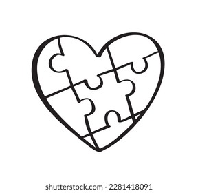 Autism Awareness Month. For different people. Black and white puzzle in the form of heart of brush strokes. Healthcare concept. Vector illustration on white background.