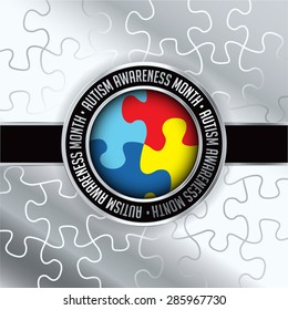 An autism awareness month emblem made from jigsaw puzzle pieces and autism colors. Vector EPS 10.