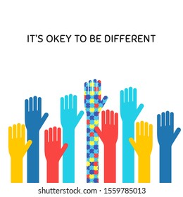 Autism awareness month flat banner concept. Autistic children support symbol with its okay to be different phrase. Colorful raised hands illustration with typography. ASD syndrome tolerance