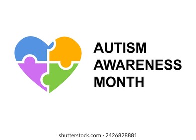 Autism Awareness Month Month greeting banner. Heart with puzzle texture and text on white background. World Autism Awareness Day.