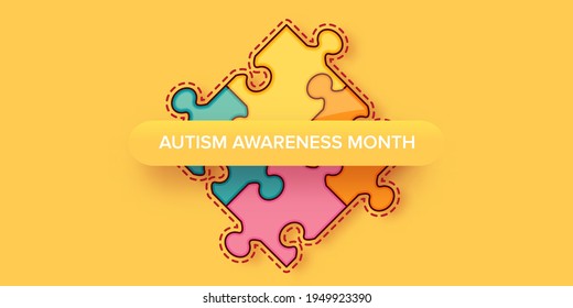 Autism awareness month horizontal banner with Multicolored puzzle isolated on yellow background. Healthcare concept.