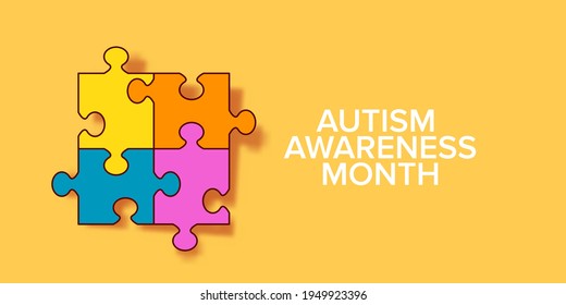 Autism awareness month horizontal banner with Multicolored puzzle isolated on yellow background. Healthcare concept.