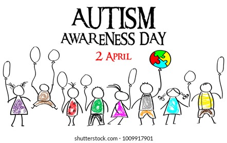 Autism Awareness Month. Multicolored puzzle in the form balloons. Doodle kids with balloons. Healthcare concept.