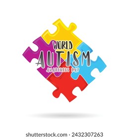 Autism Awareness Month. It's okay to be different. Trend lettering. Multicolored puzzle logo design template.. Healthcare concept. Vector illustration on white background