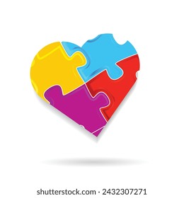 Autism Awareness Month. It's okay to be different. Trend lettering. Multicolored puzzle in the form of heart of brush strokes. Healthcare concept. Vector illustration on white background