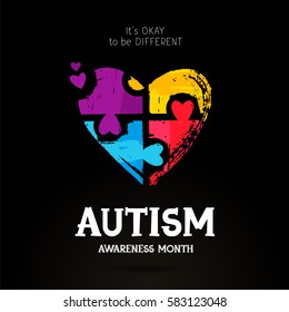 Autism Awareness Month. It's okay to be different. Trend lettering. Multicolored puzzle in the form of heart of brush strokes. Healthcare concept. Vector illustration on a black background