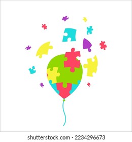 Autism awareness month poster. Balloon with jigsaw puzzle pieces around. Medical vector illustration.