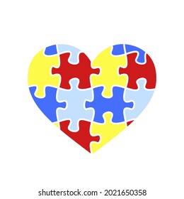 Autism awareness month symbol. Puzzle colored heart. Child autism awareness icon. Puzzle heart shape icon. Jigsaw symbol. Yellow, red, blue, colors. Vector illustration