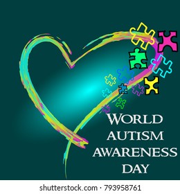 Autism Awareness Month. Trend lettering. Multi colored puzzle in the form of heart of brush strokes. Healthcare concept. 