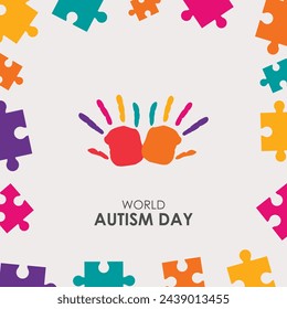 Autism Awareness Month.Trend lettering. Multicolored puzzle in the form hand. Healthcare concept. Vector illustration on white background