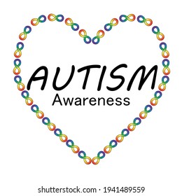 Conciencia del autismo. Conciencia y aceptación de la neurodiversidad.  Vector de concepto del Día Mundial de la Conciencia del Autismo con símbolos de infinito arco iris.  Forma cardíaca con símbolo arco iris infinito. 