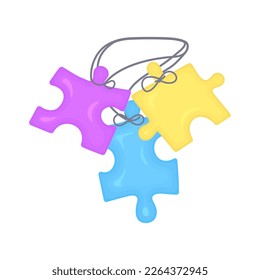 Autism awareness poster. Blue ribbon with multicolored puzzle pieces. Social interaction and communication disorder. Solidarity and support symbol. Vector medical illustration.