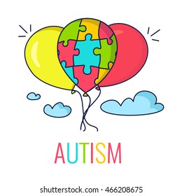 Autism awareness poster with colorful balloons made of puzzle pieces. Medical concept. Vector illustration.