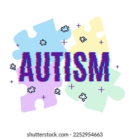 Afiche de sensibilización sobre el autismo hecho con efecto de fallo. Piezas de rompecabezas para la interacción social y el desorden de la comunicación. Símbolo de solidaridad y apoyo. Concepto médico.