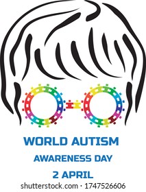 Autism awareness poster with a man face with sunglasses of multicolored puzzle pieces	