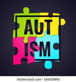 Autism awareness poster with puzzle pieces in a frame on dark background. Solidarity and support symbol. Medical concept. Vector illustration.