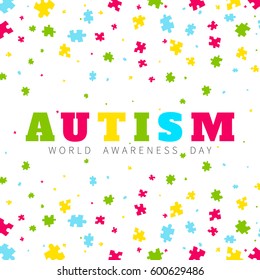 Autism awareness poster with puzzle pieces on white background. Solidarity and support symbol. Medical concept. Vector illustration.