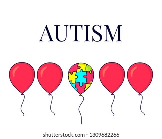 Autism awareness poster with a set of red balloons and one colorful balloon made of puzzle pieces. Social interaction and communication disorder. Support symbol. Medical concept. Vector illustration.