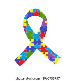 Autism awareness ribbon with colorful jigsaw puzzle. Vector flat illustration.