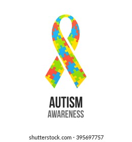 Autism awareness ribbon with jigsaw puzzle pattern. Colorful vector illustration.