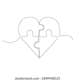 Autism awareness symbol. Heart puzzle, continuous one line drawing. vector