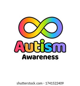 Autism Awareness Symbol, Rainbow Infinity Sign And Text. Autistic Spectrum Disorders And Neurodiversity Support.