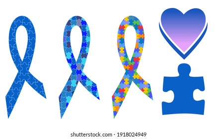 Autism Awareness Symbols  Puzzle Ribbons   Heart  Isolated Vector Illustration 