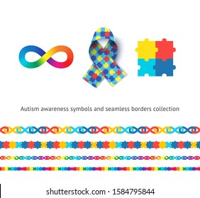 Autism awareness symbols and seamless borders vector set. Children with concern medical illness tolerance concept. Colorful jigsaw puzzle, awareness ribbon and flamboyant infinity sign illustrations