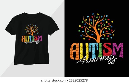 autism awareness - Autism t-shirt design concept. all designs are colorful groovy style and created using ribbon, puzzles, love, etc