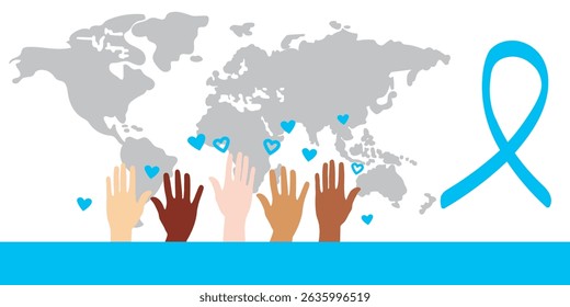 Autism awareness vector with blue ribbon and multicultural raised hands over world map, representing equality, empathy, social inclusion, and medical care