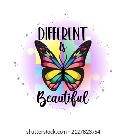 Autism awareness vector illustration. Colorful butterfly with text Different is Beautiful