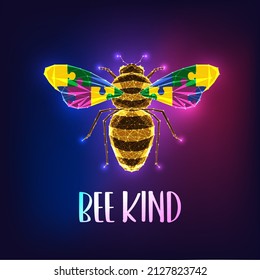 Autism awareness vector illustration. Glowing honey bee with colorful puzzle pieces and text Bee Kind