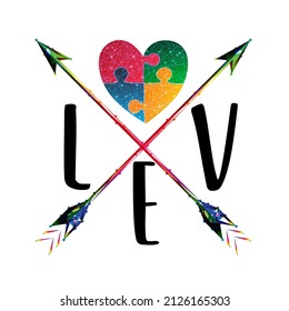 Autism awareness vector illustration. Word LOVE with heart made of puzzle pieces and arrows