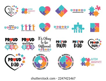 Autism Awareness vector illustrations set, Autism shirt design.Accept, understand, love.