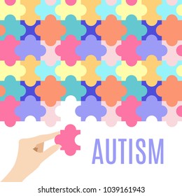 Autism awareness vector poster with jigsaw puzzle on white background. Hand holding a piece. Cooperation, collaboration, working together. Connection pieces. Solidarity and support, medical concept. 